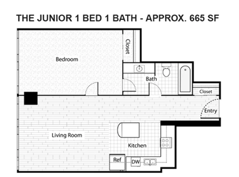 A floor plan of a junior one bedroom apartment with a bathroom and living room.